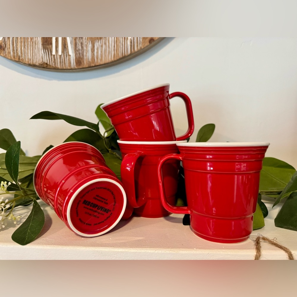 2012 Set of Four (4) Red Cup Living Ceramic Coffee Tea Cups Mugs 12 Oz ☕️ Coffee